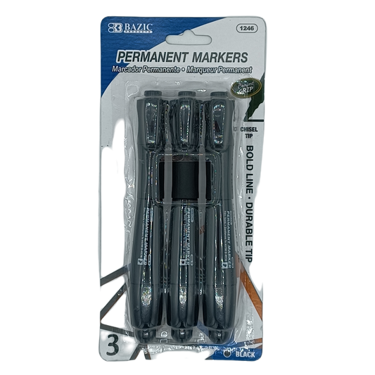 Bazic Permanent Marker Black Bold Line 3ct